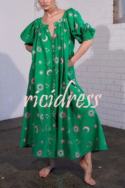 Relaxed Look Sun Moon and Stars Print Puff Sleeve Button Pocketed Loose Maxi Dress
