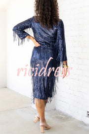 Insight Blueberry Sequin Fringe High Rise Elastic Waistband Midi Skirt