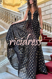 Charming View Chiffon Gold Polka Dot Print Cutout Lightweight Maxi Dress