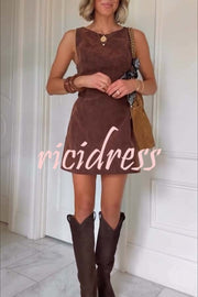 Atlas Faux Suede Open Back Button Accents Zipper Mini Dress