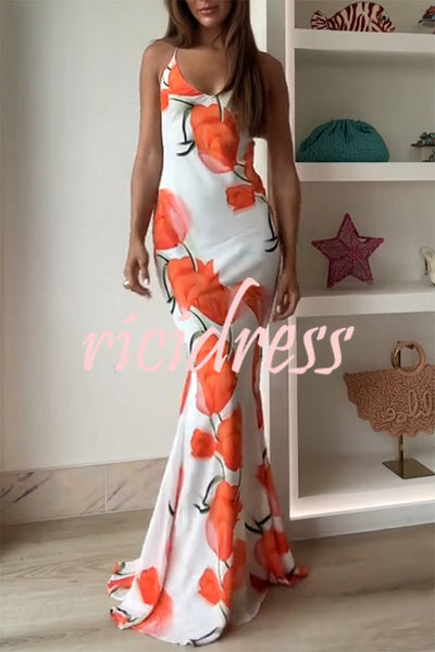 Charming Tulip Print Backless Crisscross Straps Flare Scarf Maxi Dress