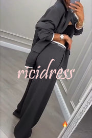 Fashion Sports Style Ribbed Colorblock Lapel Blazer and Elastic Waist Pocket Loose Pants Set