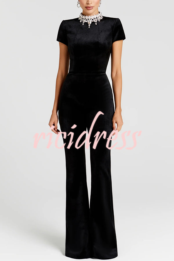 Lucia Luxurious Velvet Jewel-encrusted Turtleneck Short Sleeve Flare Stretch Jumpsuit