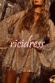Flowing Shimmer Sequin Tassel Fabric Bell Sleeve Back Tie-up Loose Mini Dress