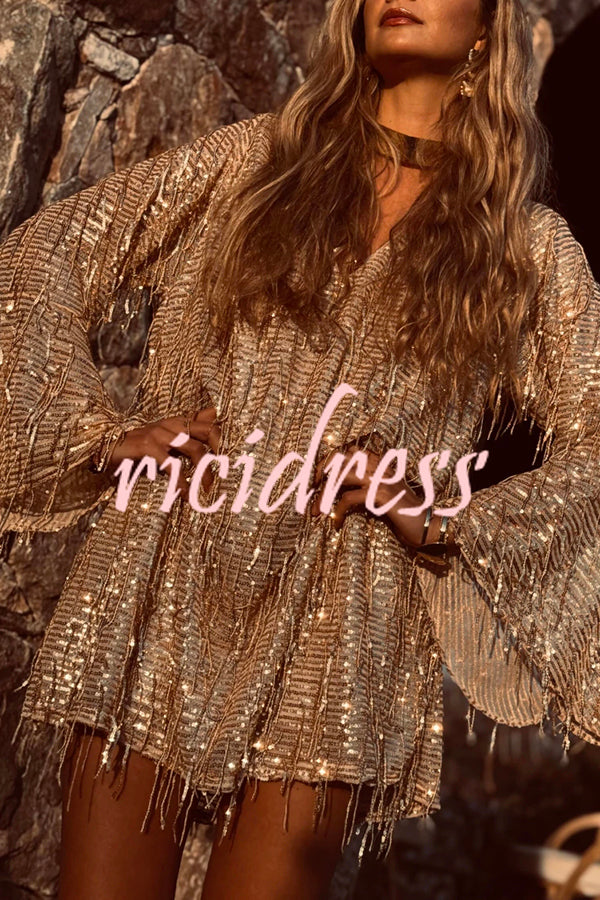 Flowing Shimmer Sequin Tassel Fabric Bell Sleeve Back Tie-up Loose Mini Dress