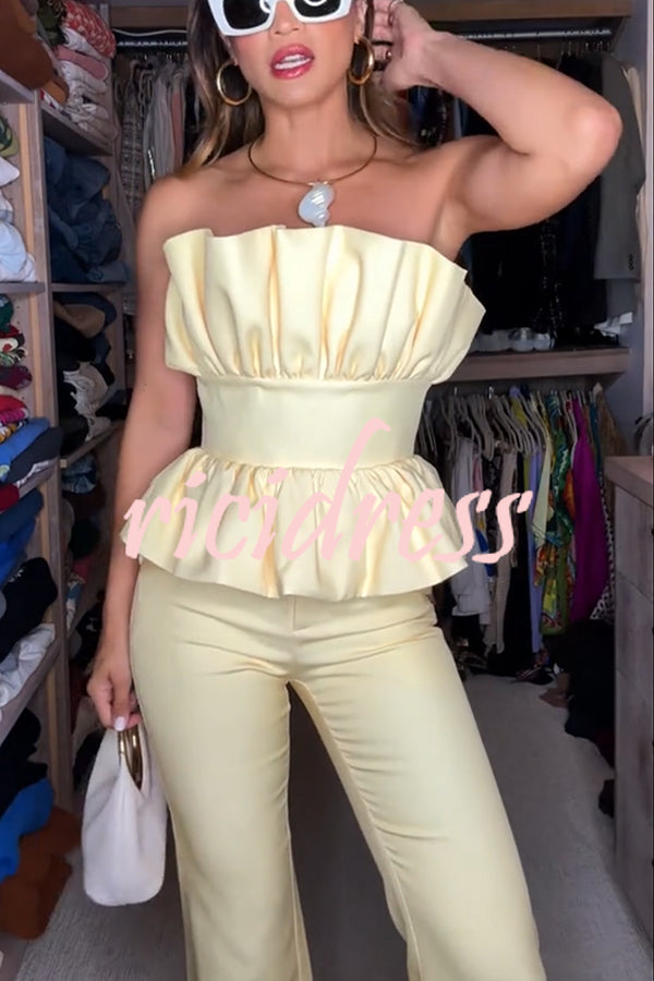 Every Occasion Crepe Panel Ruffles Strapless Top and High Rise Pocketed Flare Pants Set