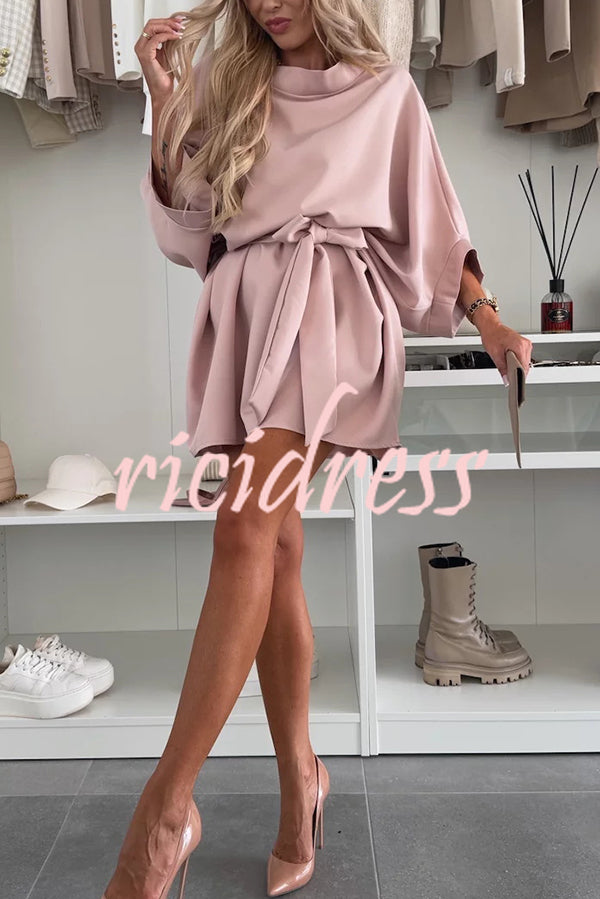 Solid Color Loose Round Neck Belted Mini Dress