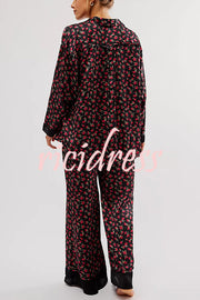 Unique Printed Lounge Long-sleeved Shirt and Elastic Waisted Baggy Pants Set