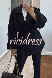 Modern Urban Dropped Shoulder Strap Button Detail Belted Lapel Loose Trench Coat