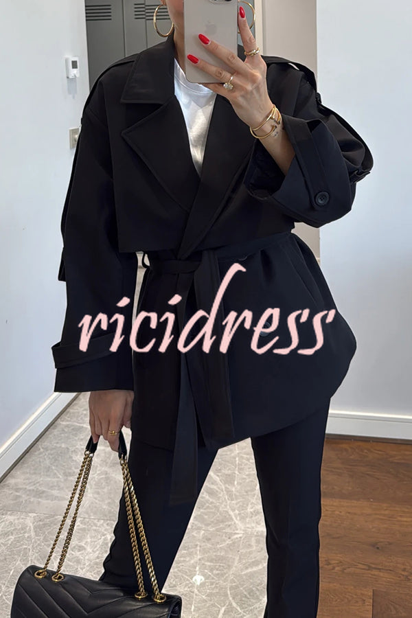 Modern Urban Dropped Shoulder Strap Button Detail Belted Lapel Loose Trench Coat