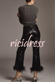 New Year Eve Sequin Feather Trim High Rise Back Zipper Flare Pants