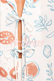 Graffiti Fruit Print Lapel Tie Short Sleeve Top and Elastic Waist Loose Pocket Shorts Set