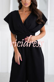 Solid Color V-neck Waist Casual Wide-leg Jumpsuit