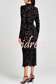 Diane Velvet Embroidered Floral Lace Long Sleeve Belt Scallop Edge Midi Dress