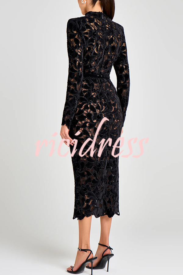 Diane Velvet Embroidered Floral Lace Long Sleeve Belt Scallop Edge Midi Dress