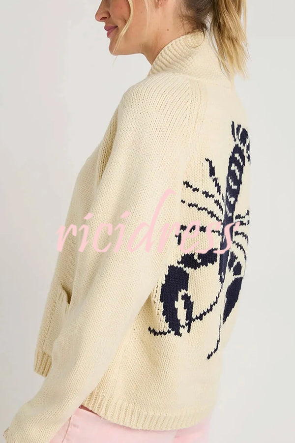Fashion Lobster Pattern Casual Long Sleeve Knit Cardigan