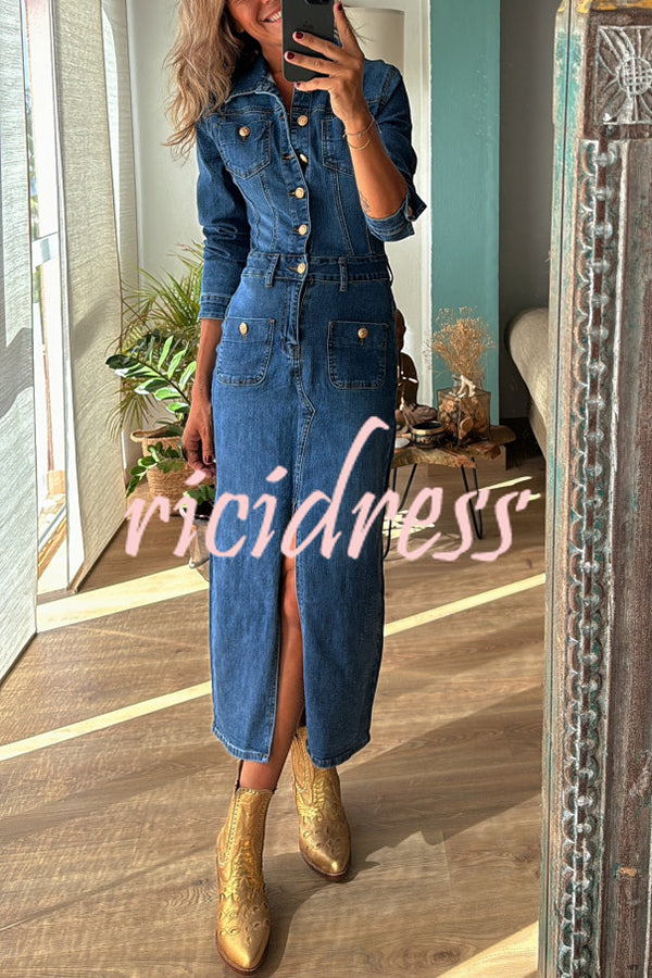 Tessy Denim Metal Button Zipper Shirt Stretch Pencil Slit Midi Dress