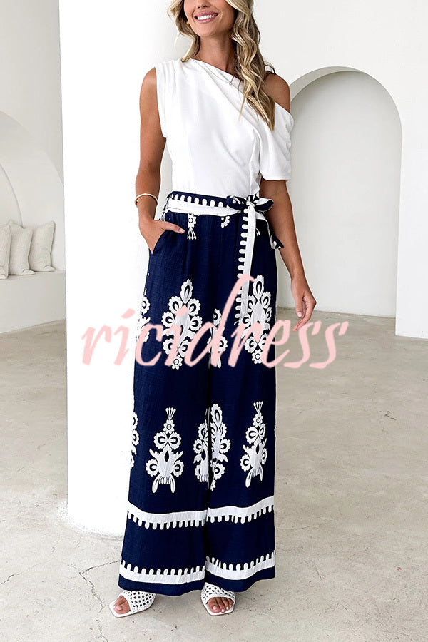 Unique Ethnic Print Belted Casual Pocket Wide Leg Pants