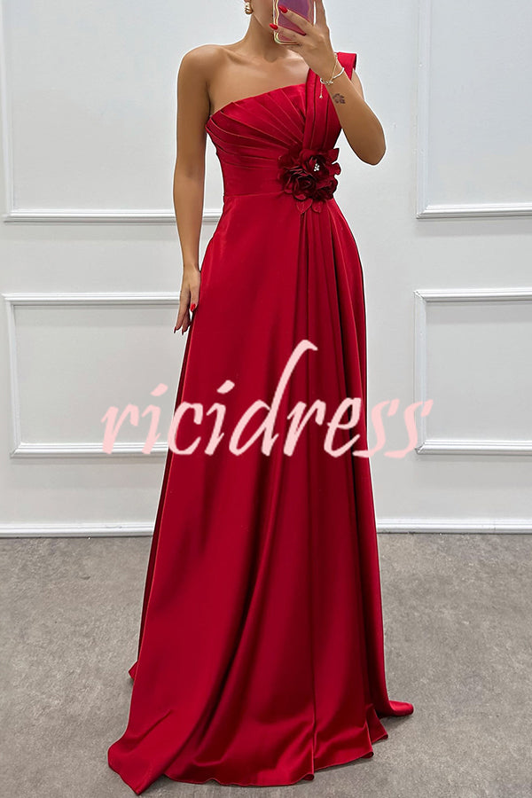 Nasha Satin Pleated One Shoulder Petal Gemstone Detail Pocket Slit Maxi Dress