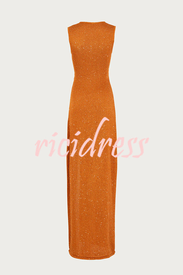 Beautiful Figure Shiny Knit Fabric Cutout Side Slit Stretch Vacation Maxi Dress