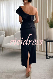 Sweet Party One Shoulder Lapel Neck Sleeveless Bow Belt Pencil Midi Dress