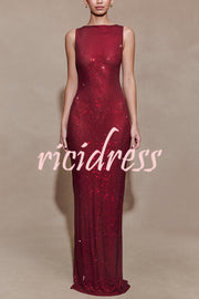 Holiday Nights Sequin Boat Neck Sleeveless Slit Maxi Dress