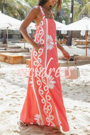Unique Print Square Neck Open Back Tie Bow Holiday Maxi Dress