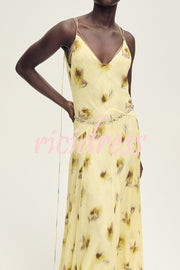 Sunset Glow Floral Print V-neck Thin Straps Flare Hem Maxi Dress