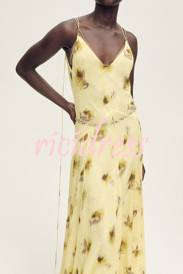 Sunset Glow Floral Print V-neck Thin Straps Flare Hem Maxi Dress