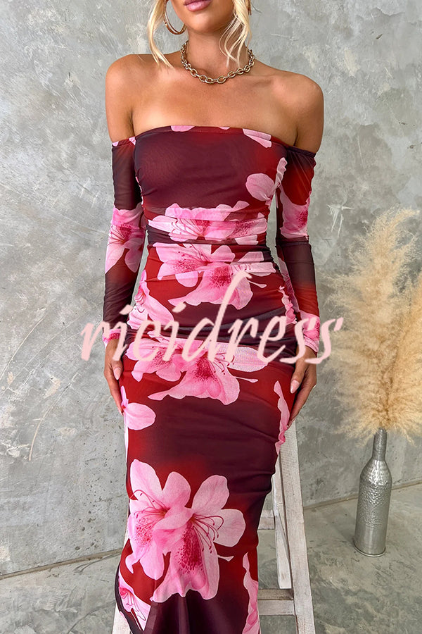 Floral Fantasy Mesh Off Shoulder Long Sleeve Stretch Maxi Dress