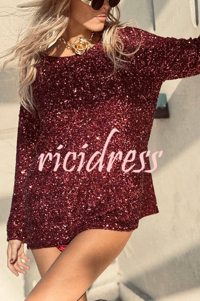 Haute Holidays Sequin Wide Neck Long Sleeve Loose Top
