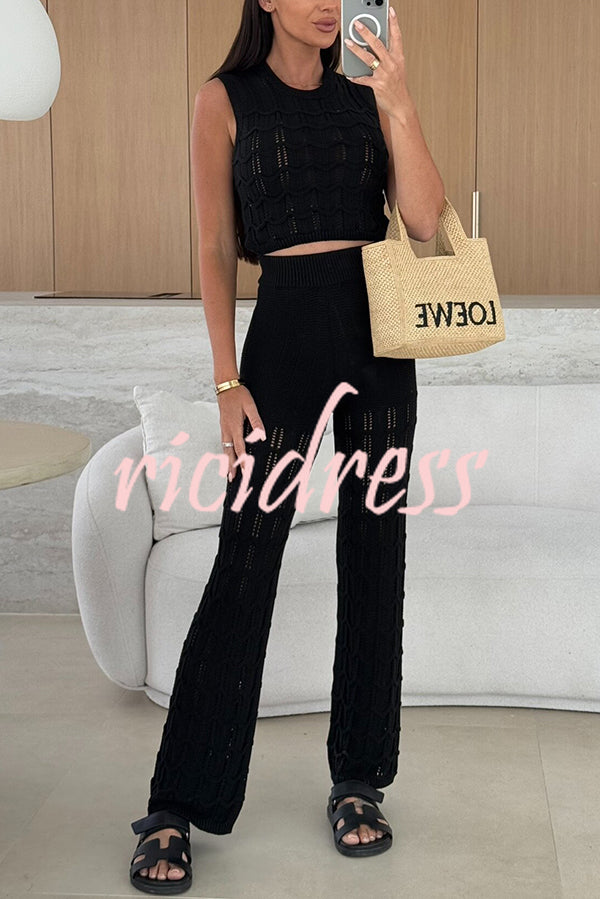 Solid Color Hollow Sleeveless Round Neck Knitted Vest and Stretch Casual Straight Pants Set