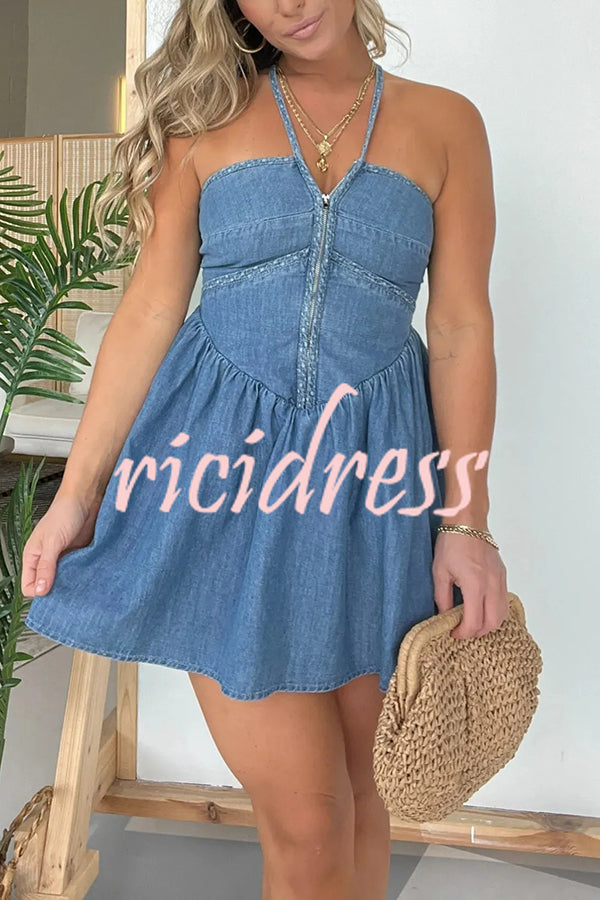 Sexy Halter Neck Backless Front Zip Denim Mini Dress