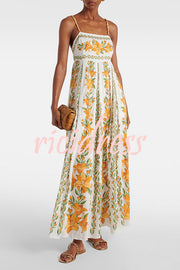 Summer Dreamer Linen Blend Unique Print Beaded Straps Pocketed Maxi Dress
