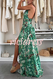 Amazon Scenery Unique Print Tie-up Cutout Waist Ring Halter Slit Maxi Dress