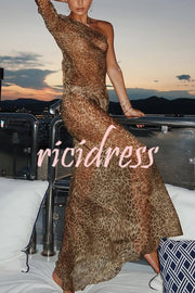 Leopard Print One Sleeve Sexy See-Through Fit Maxi Dress