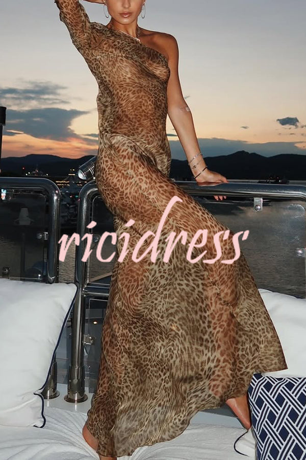 Leopard Print One Sleeve Sexy See-Through Fit Maxi Dress