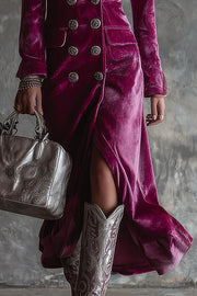 Elegant Velvet Collared Long-Sleeved Double-Breasted Midi Dress