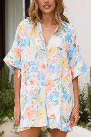 Floral Print Lapel Half Sleeve Tie Waist Loose Rompers