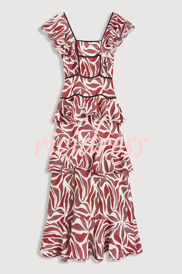 Unique Print Square Neck Ruffle Holiday Maxi Dress