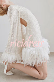 Stylish Sequined Feather Long-sleeved Sexy Backless Mini Dress