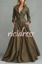Linen Blend Lapel Pocket Single-breasted Shirt-style Casual Maxi Dress