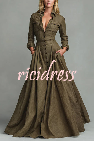 Linen Blend Lapel Pocket Single-breasted Shirt-style Casual Maxi Dress
