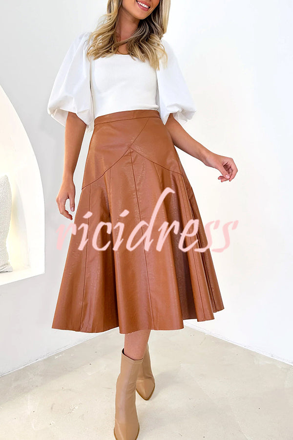 The Karina Faux Leather High Waist Swing Midi  Skirt