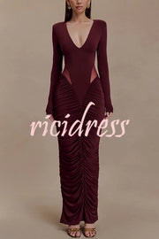 Sexy See-through Long-sleeved V-neck Pleated Slim-fit Maxi Dress