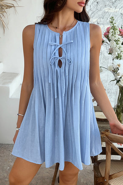 Solid Color Sleeveless Tie Pleated Casual Mini Dress