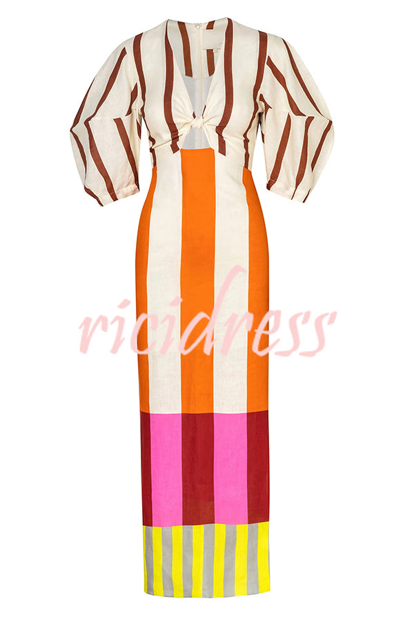 Kaya Linen Blend Color Block Print Front Cutout Knot Puff Sleeve Maxi Dress