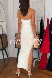 Retro and Glamorous Feather Trim Detail Bandeau Slit Stretch Midi Dress