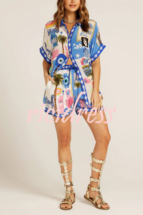 Unique Printed Short-sleeved Casual Loose Shirt and Elastic Waist Drawstring Pocket Shorts Set