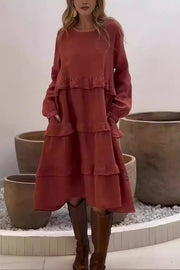 Solid Color Patchwork Round Neck Long Sleeve Loose Pocket Midi Dress